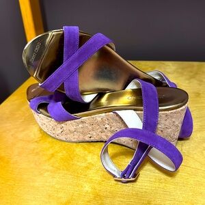 Lightly Used, Jimmy Choo Strappy Wedge, Purple Suede with Gold, 37, 6.5